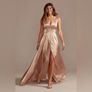 Charmeuse V-Neck Dress with Slit